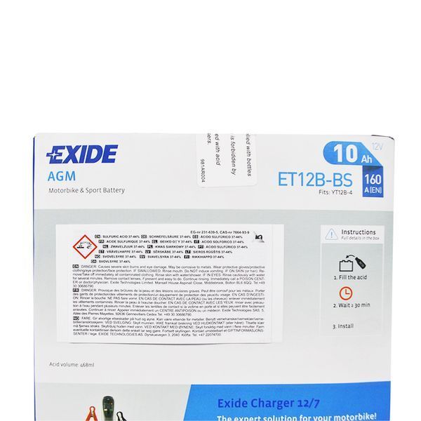 Мото акумулятор EXIDE ET 12B-BS (12V, 10A) EXIDE-1372 фото