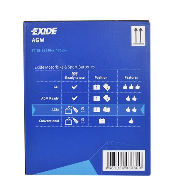Мото акумулятор EXIDE ET 12B-BS (12V, 10A) EXIDE-1372 фото