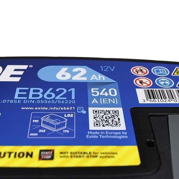 Автомобільний акумулятор EXIDE Excell 62Аh 540A L+ (лівий) EB621 EXIDE-960 фото