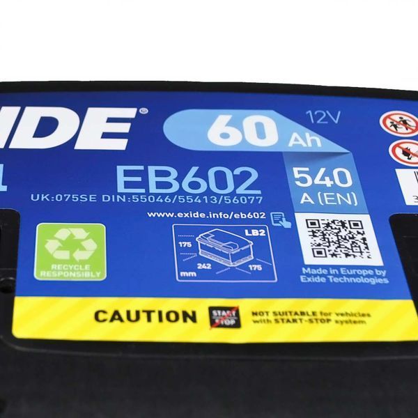 Автомобільний акумулятор EXIDE Excell 60Аh 540A R+ (правий +) EB602 EXIDE-992 фото